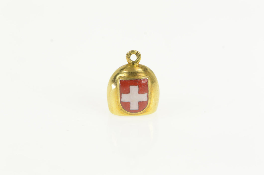 10K Swiss Red Cross Enamel 3D Bell Articulated Charm/Pendant Yellow Gold