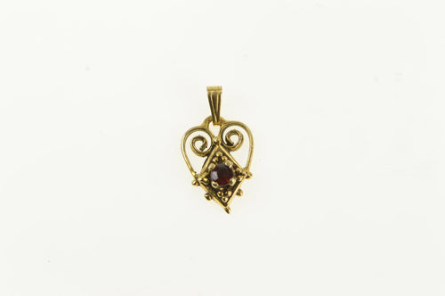 14K Victorian Garnet Heart Love Valentine Ornate Charm/Pendant Yellow Gold