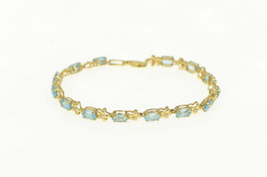 14K Oval Blue Topaz Diamond Flower Tennis Bracelet 7" Yellow Gold