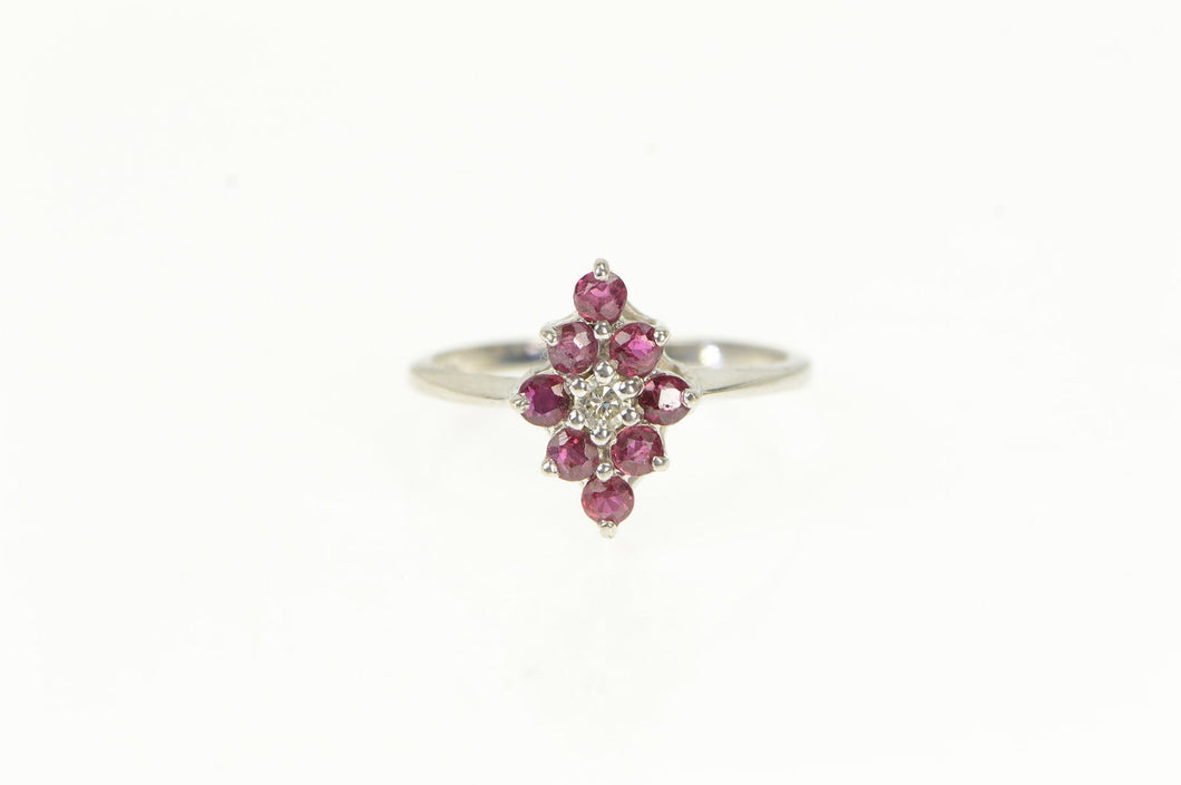 14K 1950's Diamond Ruby Halo Squared Cluster Ring White Gold