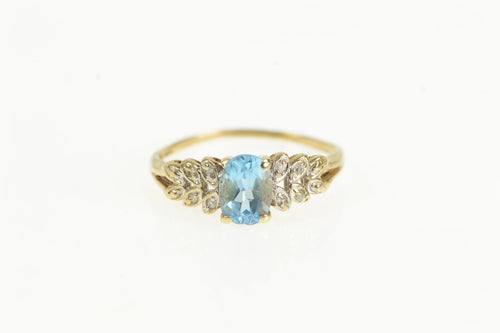 14K Oval Blue Topaz Diamond Petal Accent Vintage Ring Yellow Gold