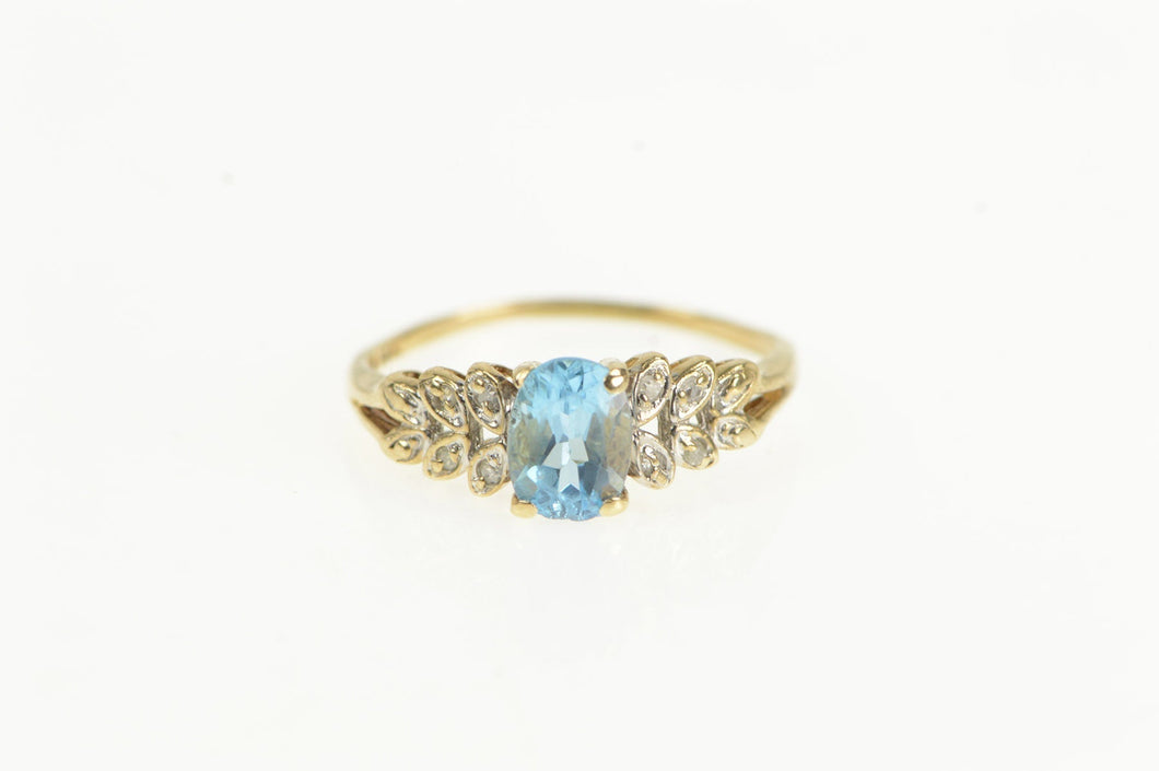 14K Oval Blue Topaz Diamond Petal Accent Vintage Ring Yellow Gold