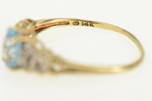 14K Oval Blue Topaz Diamond Petal Accent Vintage Ring Yellow Gold
