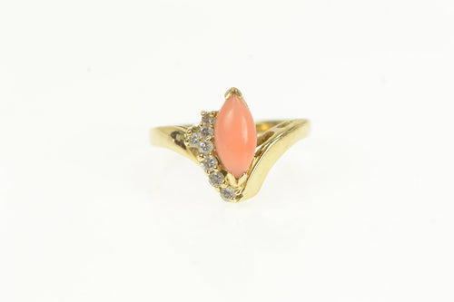 14K 1960's Marquise Coral Diamond Accent Vintage Ring Yellow Gold