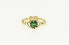 Load image into Gallery viewer, 14K Irish Claddagh Syn. Emerald Heart Loyalty Ring Yellow Gold