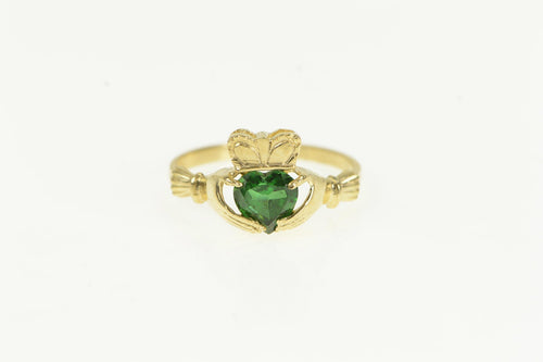 14K Irish Claddagh Syn. Emerald Heart Loyalty Ring Yellow Gold