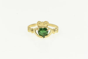 14K Irish Claddagh Syn. Emerald Heart Loyalty Ring Yellow Gold