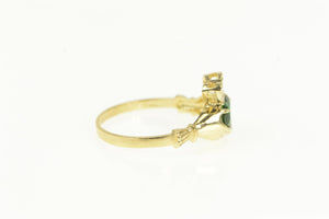 14K Irish Claddagh Syn. Emerald Heart Loyalty Ring Yellow Gold