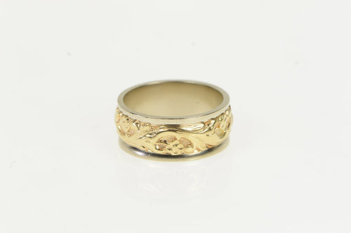 14K 8.0mm Two Tone Ornate Scroll Wedding Band Ring Yellow Gold