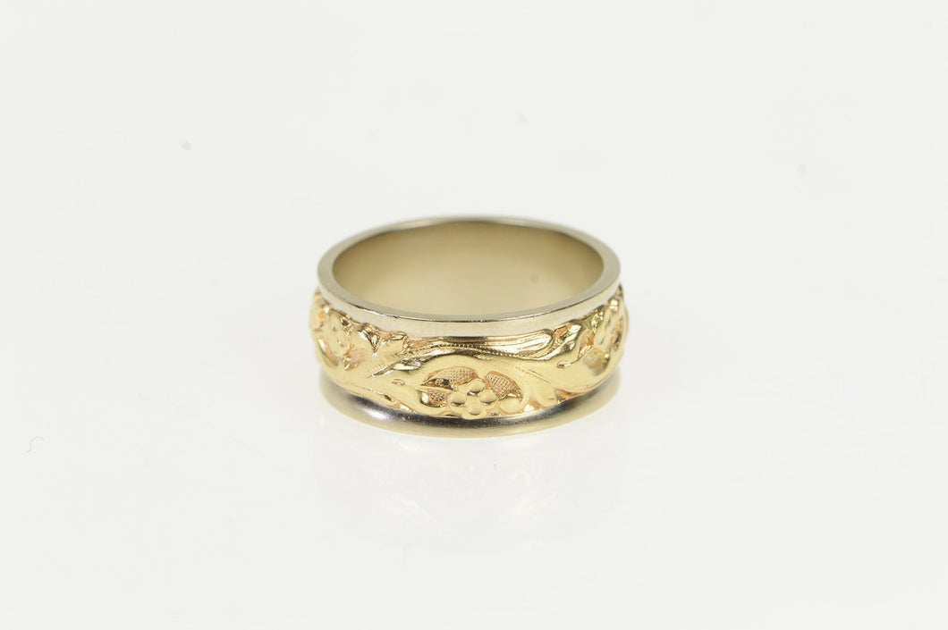 14K 8.0mm Two Tone Ornate Scroll Wedding Band Ring Yellow Gold