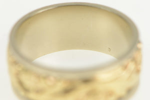 14K 8.0mm Two Tone Ornate Scroll Wedding Band Ring Yellow Gold