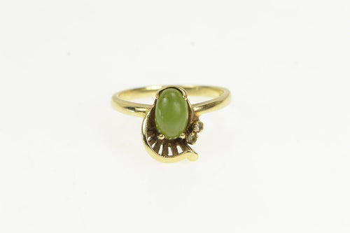 14K 1960's Oval Nephrite Diamond Curved Accent Ring Yellow Gold
