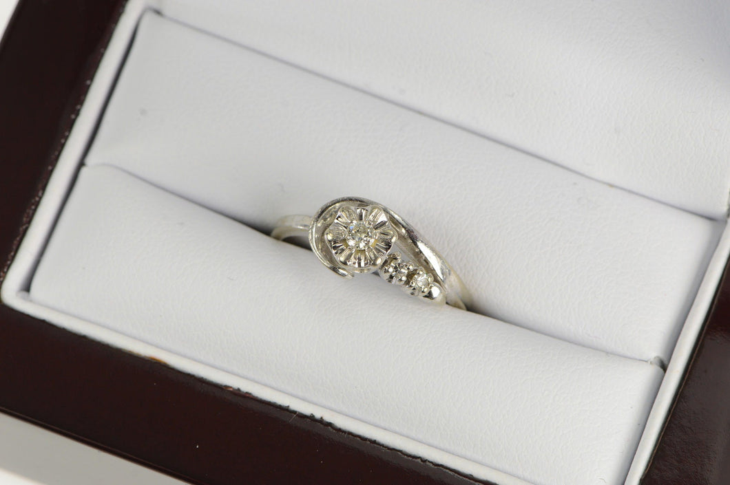 14K 1950's Diamond Asymmetrical Vintage Promise Ring White Gold
