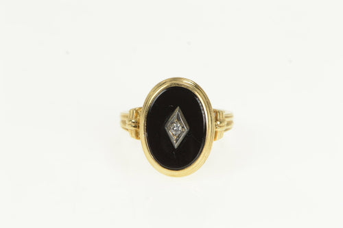 14K Classic Oval Black Onyx Diamond Vintage Ring Yellow Gold