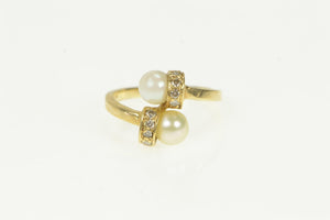 14K Pearl Diamond Accent Bypass Wrap Vintage Ring Yellow Gold