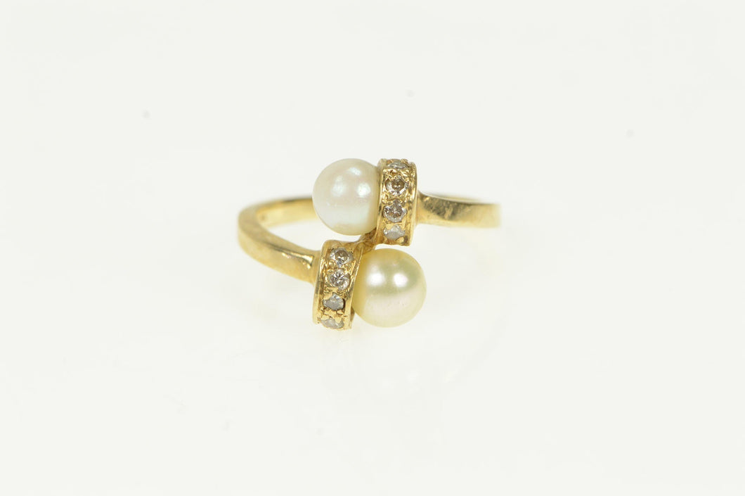 14K Pearl Diamond Accent Bypass Wrap Vintage Ring Yellow Gold