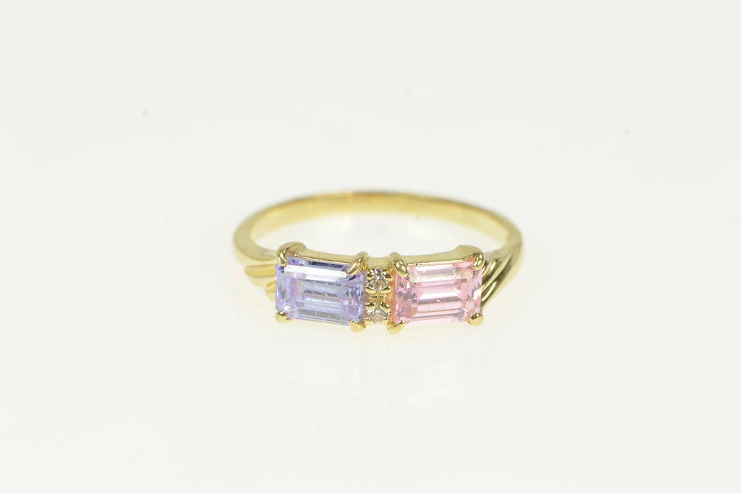 14K Pink & Purple Emerald Cut Cubic Zirconia Ring Yellow Gold