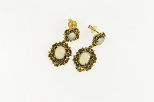 14K 1960's Ornate Opal Scalloped Dangle Earrings Yellow Gold