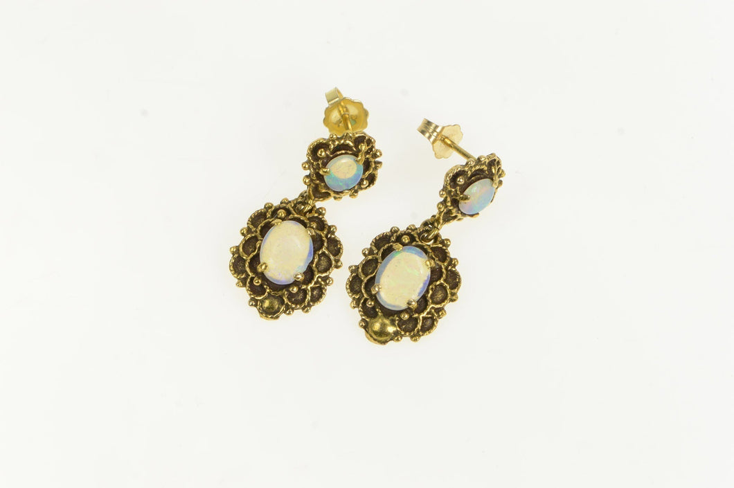 14K 1960's Ornate Opal Scalloped Dangle Earrings Yellow Gold