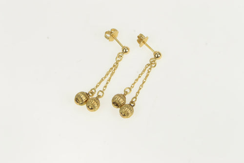 14K Grooved Ball Beaded Dangle Fringe Chain Earrings Yellow Gold