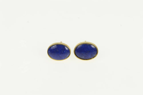 14K Retro Oval Lapis Lazuli Inlav Vintage Stud Earrings Yellow Gold