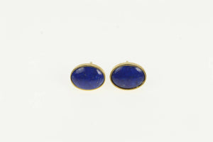 14K Retro Oval Lapis Lazuli Inlav Vintage Stud Earrings Yellow Gold