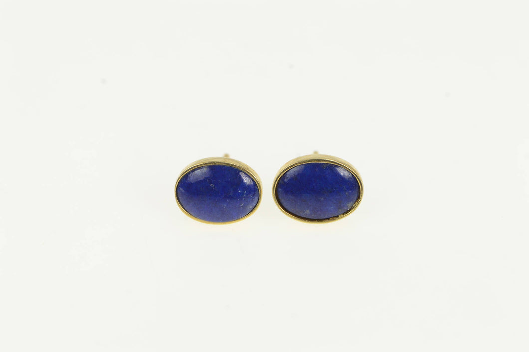 14K Retro Oval Lapis Lazuli Inlav Vintage Stud Earrings Yellow Gold