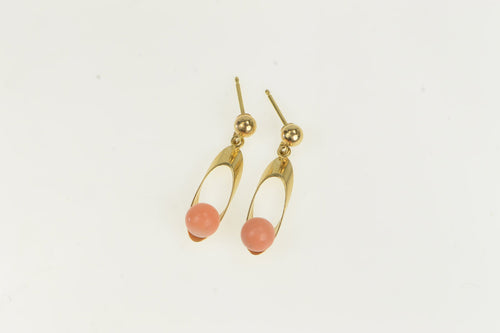 14K 1960's Ornate Coral Oval Dangle Vintage Earrings Yellow Gold