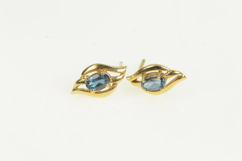 14K Oval Blue Topaz Wavy Design Vintage Stud Earrings Yellow Gold