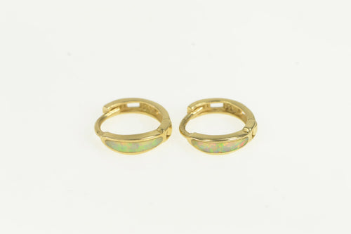 14K 11.4mm Syn. Opal Inlay Huggies Hoop Fashion Earrings Yellow Gold