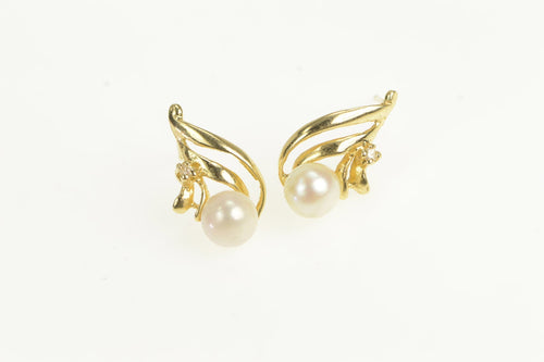 14K Vintage Pearl Diamond Accent Wavy Stud Earrings Yellow Gold