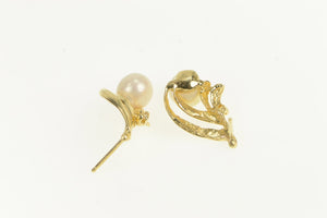 14K Vintage Pearl Diamond Accent Wavy Stud Earrings Yellow Gold