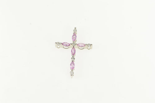 14K Pink Topaz Diamond Cross Christian Faith Pendant White Gold