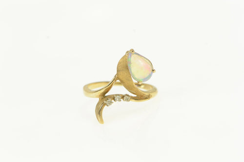 14K Pear Opal Diamond Swirl Freeform Vintage Ring Yellow Gold