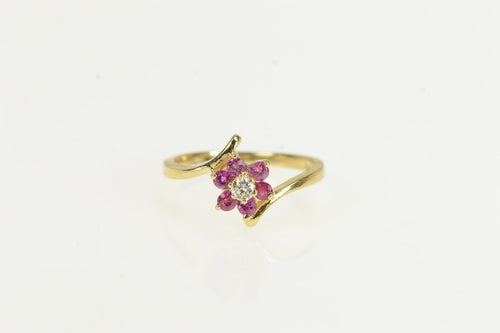 14K Pink Sapphire Diamond Flower Cluster Bypass Ring Yellow Gold