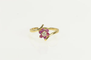 14K Pink Sapphire Diamond Flower Cluster Bypass Ring Yellow Gold