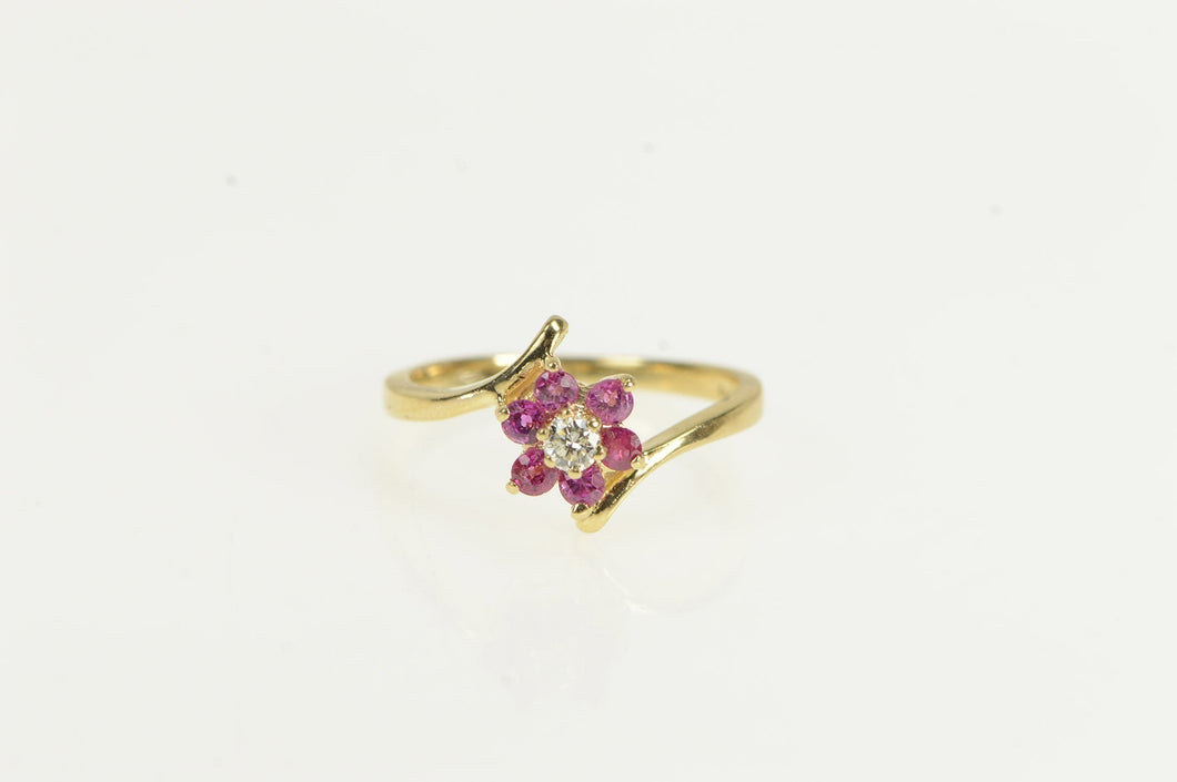 14K Pink Sapphire Diamond Flower Cluster Bypass Ring Yellow Gold