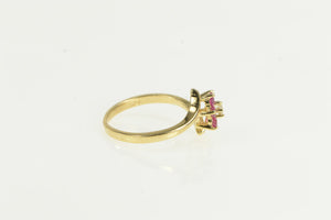 14K Pink Sapphire Diamond Flower Cluster Bypass Ring Yellow Gold