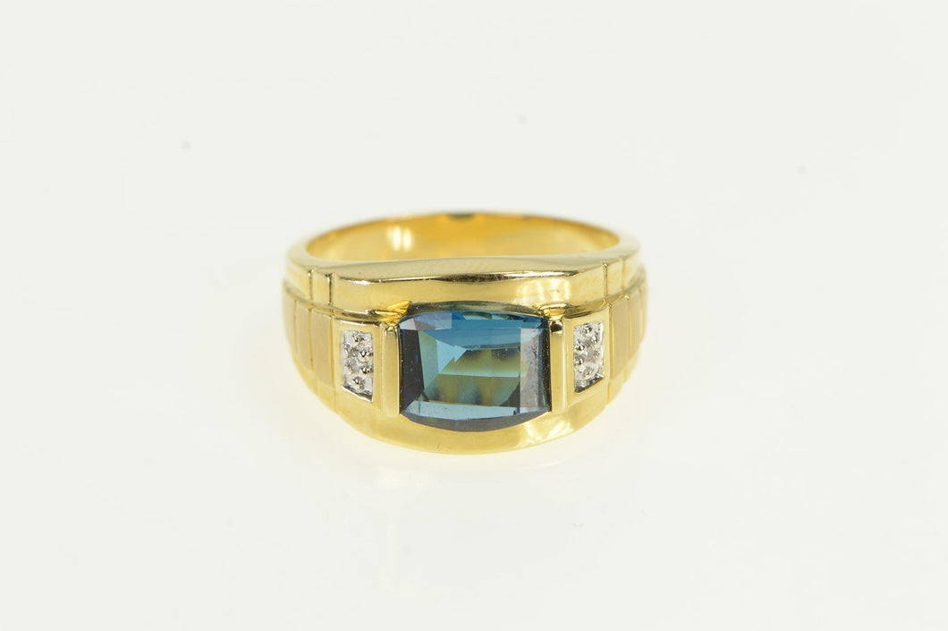 14K Men's Blue Topaz Diamond Accent Statement Ring Yellow Gold