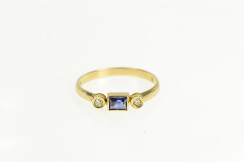 14K Emerald Cut Sapphire Diamond Accent Vintage Ring Yellow Gold
