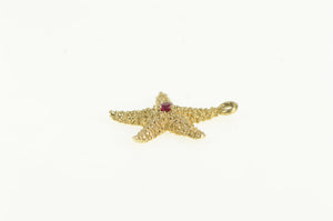 14K Ruby Inset Sea Star Fish Ornate Beach Motif Charm/Pendant Yellow Gold