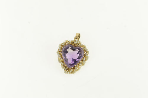 14K Victorian Amethyst Seed Pearl Heart Valentine Charm/Pendant Yellow Gold