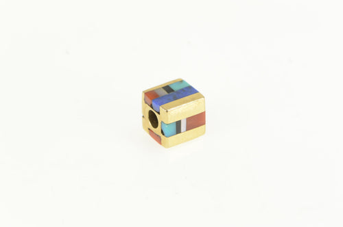 14K Coral Turquiose Lapis Inlay Square Cube Slide Charm/Pendant Yellow Gold