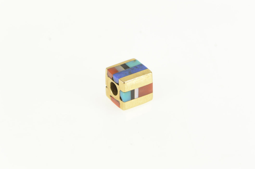 14K Coral Turquiose Lapis Inlay Square Cube Slide Charm/Pendant Yellow Gold