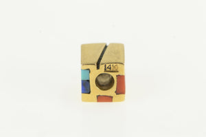 14K Coral Turquiose Lapis Inlay Square Cube Slide Charm/Pendant Yellow Gold