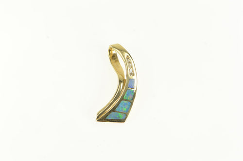 14K Diamond Opal Inlay Curved Bar Vintage Pendant Yellow Gold