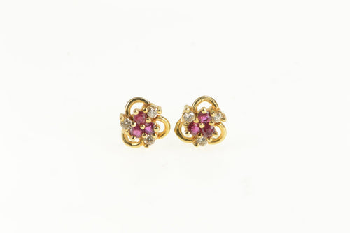 14K Diamond Ruby Round Ornate Cluster Stud Earrings Yellow Gold