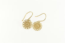 Load image into Gallery viewer, 14K Ornate Filigree Scalloped Flower Dangle Drop Earrings Yellow Gold