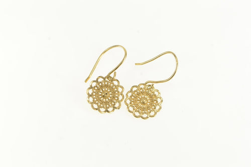 14K Ornate Filigree Scalloped Flower Dangle Drop Earrings Yellow Gold