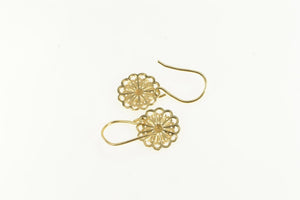14K Ornate Filigree Scalloped Flower Dangle Drop Earrings Yellow Gold
